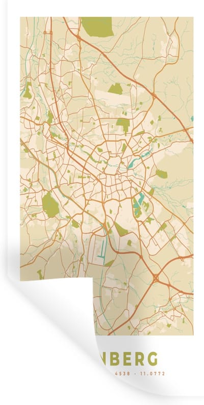 Muurstickers - Sticker Folie - Plattegrond - Nürnberg - Kaart - Vintage - Stadskaart - 40x80 cm - Plakfolie - Muurstickers Kinderkamer - Zelfklevend Behang - Zelfklevend behangpapier - Stickerfolie