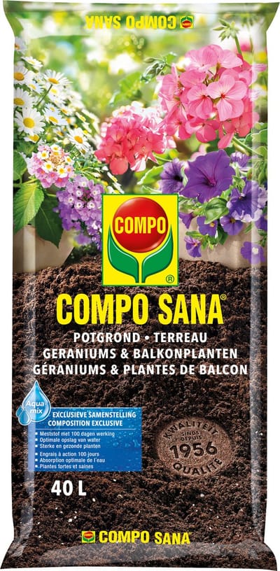 COMPO SANA Potgrond Geraniums & Balkonplanten - incl. meststof 100 dagen werking - voor een prachtige, rijke bloei - zak 40L
