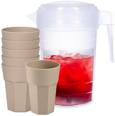 Plasticforte Waterkan van 2 Liter - transparant - kunststof - met 6x stuks onbreekbare drinkglazen - beige - 520 ml