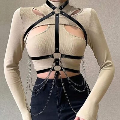 Ceinture Punk Tendance pour Femmes Mode Ceinture de Taille en Cuir Style Rue Féminin Chaîne de Corps Décoration Accessoires Vêtements Gothiques gray