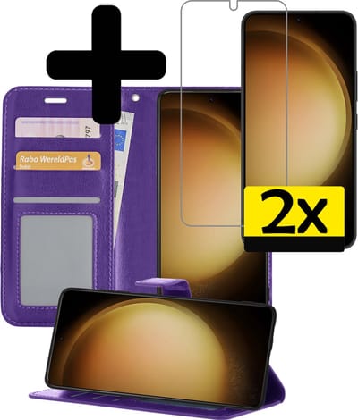 Hoesje - Met 2x Screenprotector - Geschikt voor Samsung Galaxy S23 - Luxe Pasjeshouder - Bookcase Portemonee - Flip Case - Kunstleer Book Case - Flipcase Hoes - Book Cover - Walletcase - Portemonneehoes - Telefoonhoesjes - Paars
