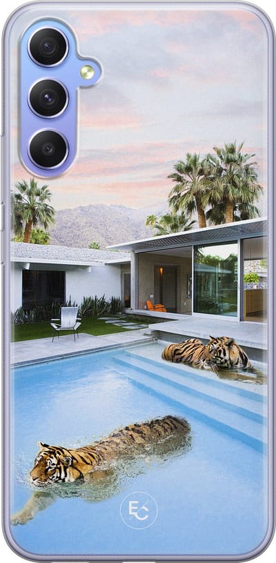 Hoesje geschikt voor Samsung Galaxy A34 - Tijger zwembad - Soft Case - TPU - Print - Blauw - ELLECHIQ
