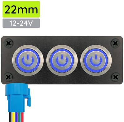 ProRide Metalen drukschakelaar 12-24V ON-OFF - Inbouwpaneel drievoudig - 22mm - IP67 - LED indicatie Blauw
