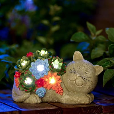 Decoratieve LED Solarlamp Kat met Vetplanten - Sfeerverlichting voor Tuin en Buiten