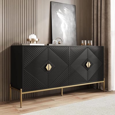 Moderne Opbergkast - Luxe Dressoir - Woonkamer Inrichting - Geometrisch Patroon - 162x40x80 cm - Zwart