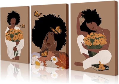 Canvas Muurkunst Set - Zwarte Vrouwen Posters - Woonkamer Decoratie - Boho Zonnebloem Stijl - 40x60 cm - Zwart