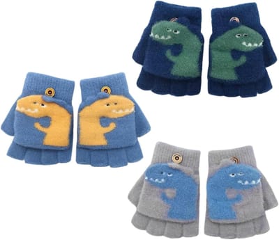 3 Pairs Kinderen Halfvinger Handschoenen, Omkeerbare Gebreide Handschoenen met Deksel, Warme Winterhandschoenen voor Buitenactiviteiten