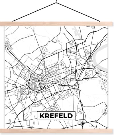 Posterhanger incl. Poster 40x40 cm - Schoolplaat - Krelefeld - Plattegrond - Stadskaart - Kaart - Textielposter - Blanke latten - Stadskaart