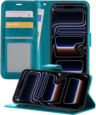 Hoesje - Geschikt voor iPhone 17 Pro / 18 Pro - Luxe Bookcase - Walletcase Hoes - Portemonnee - Cover - Telefoonhoes - Turquoise