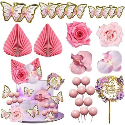 Dailygoods- Taartdecoraties 27 Stuks - Bloemtaartdecoraties - Roze Boho Taartdecoraties - Taarttopper - Kunstmatige Bloemen - Papieren Vlinders - Inclusief Gelukkige Verjaardag Taarttopper - Taartversiering
