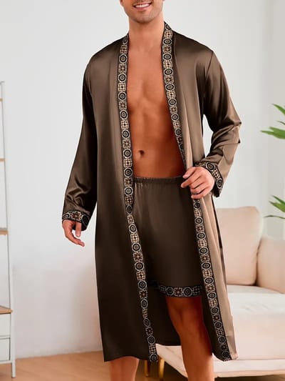 ochtendjas badjas koffiebruin pyjama satijn heren nachtkleding goedkoop huispak comfort mannen glans elastisch lange mouwen korte broek