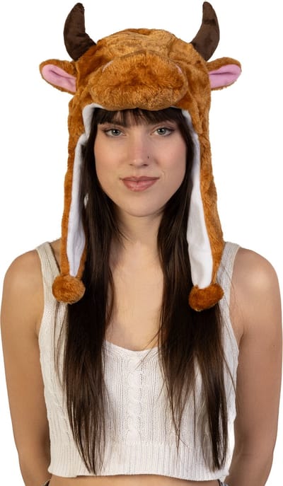 KIMU® Muts Flappen Donkerbruine Stier - Laplander met Oortjes Bruin Koe Hoorns - Bontmuts Kinderen of Volwassenen met Klein Hoofd - Flapmuts Pluche Bull Os Rund Festival