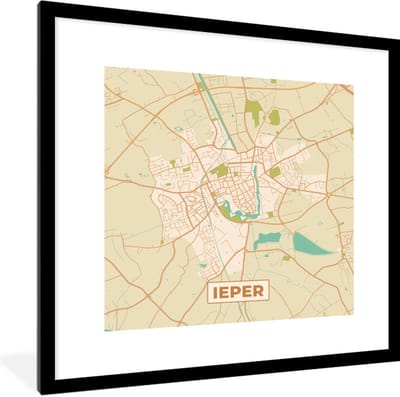 Fotolijst incl. Poster - Vintage - Ieper - Plattegrond - Kaart - Stadskaart - 40x40 cm - Posterlijst