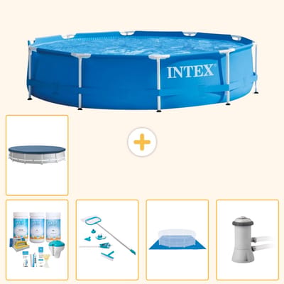 Intex Rond Frame Zwembad - 366 x 76 cm - Blauw - Inclusief Onderhoudspakket - Schoonmaakset - Grondzeil - Zwembadfilterpomp - Afdekzeil - 6-delig