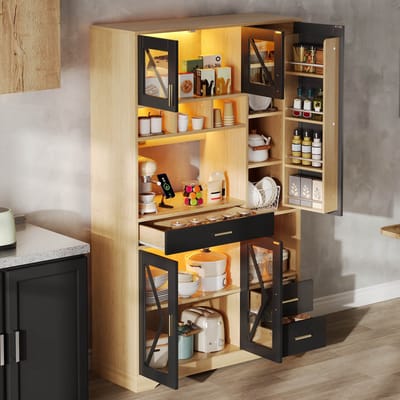Keukenkast in schuurstijl - vitrinekast - met verstelbare planken - lades - LED-verlichting en stopcontact - 105x40x185 cm - zwart