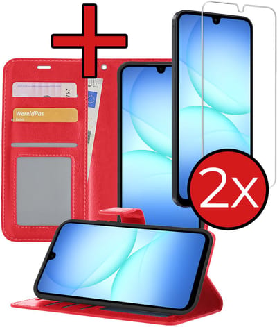 Hoesje - Met 2x Screenprotector - Geschikt voor Samsung Galaxy A17 - Luxe Pasjeshouder - Flip Case - Bookcase Portemonee - Kunstleer Book Case - Flipcase Hoes - Book Cover - Walletcase - Portemonneehoes - Telefoonhoes - Rood