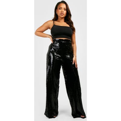 boohoo Dames Plus Sequin Broek met Wijde Pijpen | Black | Maat: 26