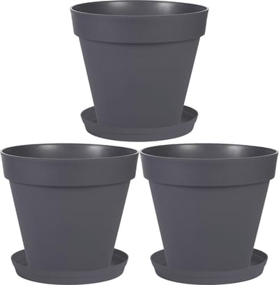 Set van 3x stuks bloempotten Toscane kunststof antraciet grijs D20 x H17 cm inclusief onderschalen D15 cm - Plantenpotten set