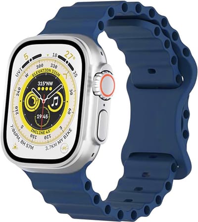 Stravo Ocean Sport Siliconen Bandje met RVS sluiting – Geschikt voor Apple Watch 46mm (Series 11/10), 45mm (Series 9/8/7), 44mm (Series 6/5/4, SE 3/2/1), 49mm (Ultra 3/2/1) – Ademend & Waterbestendig – Donkerblauw