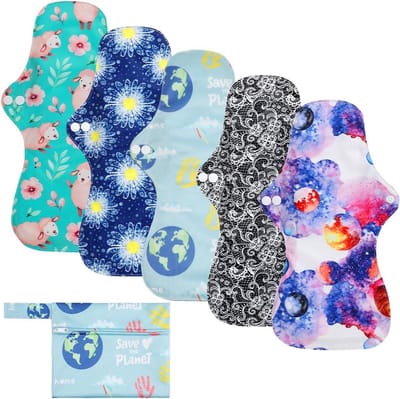 ROVTOP - Wasbaar Maandverband - 5-pack + hygiënezakje - Herbruikbaar - Bamboestof - Dun - Grotere maat / Speciaal voor de nacht - Na de zwangerschap - Hypoallergeen - Hoge absorptie - 5-pack + 1 waterdichte draagtas