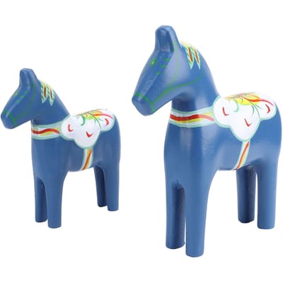 2 pièces Figurine de cheval suédois en bois peinte à la main Ornements de cheval de Dalécarlie pour la maison Fournitures de mariage Bleu bleu