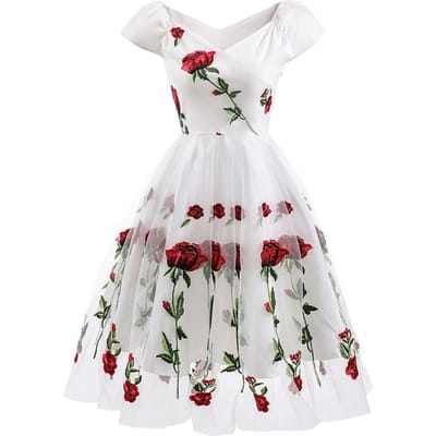 Robe en maille brodée florale pour femme, épaules dénudées, manches courtes, style vintage, coupe trapèze, pour cocktail M blanc