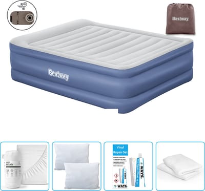Bestway luchtbed - 2-Persoons - 152 x 203 x 61 cm - Grijs/Blauw - Inclusief pomp - Hoeslaken - Kussen - Kussenbeschermer en Reparatieset