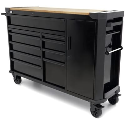 HBM gereedschapswagen 10 laden 147 cm zwart met werkblad, slot, deur, 4 wielen, 450 kg