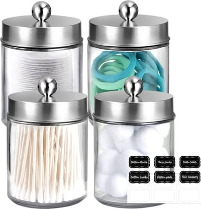Glazen wattenstaafjes, make-uptafel, badkamerorganizer, set met matzwarte roestvrijstalen deksels, wattenschijfje, make-up-organizer voor wattenstaafjes, wattenschijfjes, tandzijdepicks (zilver)