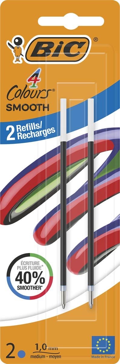 BIC vulling voor balpen 4 Colours Smooth | medium | blister van 2 stuks | blauw