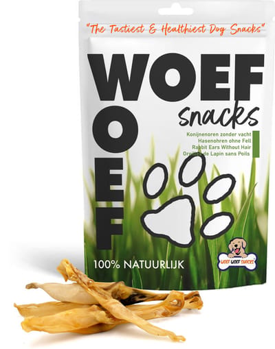Woef Woef Snacks Hondensnacks Konijnenoren zonder haar - 0.25 KG - Kauwsnacks - Gedroogd vlees - Konijn - Vanaf 3 maanden - Geen toevoegingen