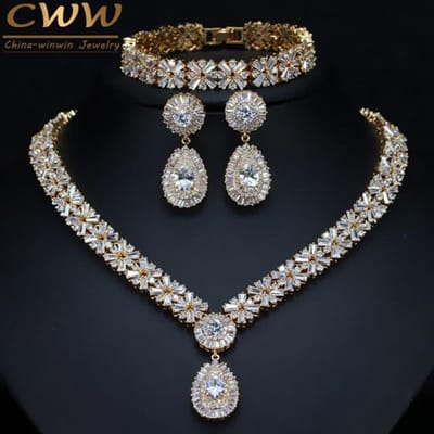 Cwwzircons exclusif Dubai plaque d'or bijoux de luxe zircon cubique collier boucle d'oreille Bracelet ensemble de bijoux de fête pour les femmes T053 black