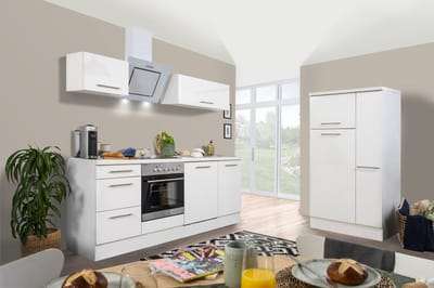Goedkope keuken 310  cm - complete keuken met apparatuur Amanda  - Wit/Wit - soft close - keramische kookplaat - vaatwasser - afzuigkap - oven    - spoelbak