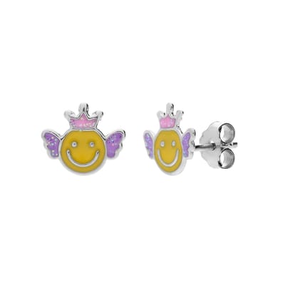 Lucardi Kinder Zilveren kinderoorknoppen smiley kroon - Oorbellen - 925 Zilver - Zilverkleurig