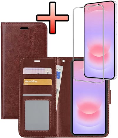 Hoesje - Met Screenprotector - Geschikt voor Samsung Galaxy A37 - Luxe Pasjeshouder - Bookcase Portemonee - Flip Case - Kunstleer Book Case - Flipcase - Book Cover - Walletcase - Portemonneehoes - Bruin