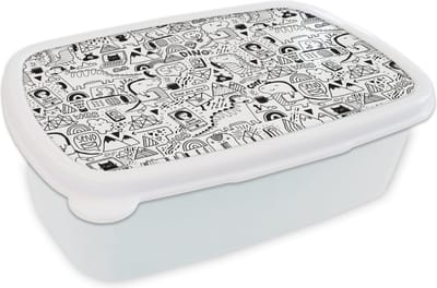 Broodtrommel Wit - Lunchbox - Brooddoos - Patronen - Dinosaurus - Telefoon - 18x12x6 cm - Volwassenen