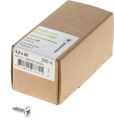 Hoenderdaal Spaanplaatschroef verzinkt platverzonken kop PZ2 voldraad 5.0X20 (per 200 stuks)