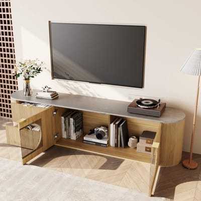 MODENUIT Tv-meubel - Met 3D Deurfronten En Ovale Glasvitrine - Voor Woonkamer - MDF En Glas - 172x38x45,5 cm