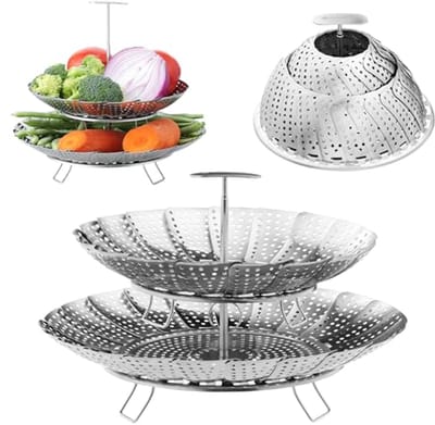 Stoommandje met twee lagen - Groentestomer - RVS - Gezond koken - 26.5 x 26.5 x 21.5 cm