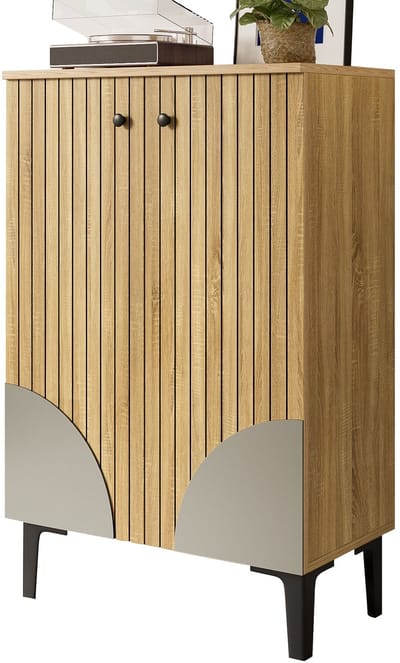Merax Modern Houten Schoenenkast met Deuren - Compacte Schoenen Organizer met Planken & Zwart Metalen Frame - Opbergmeubel voor Hal - Woonkamer & Kleine Ruimtes