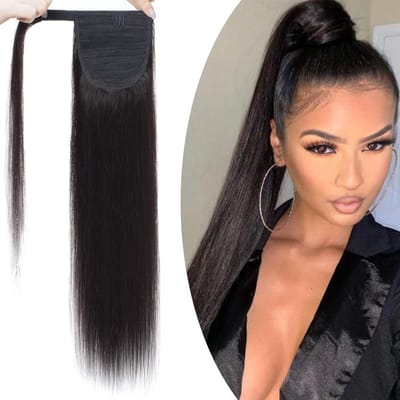 Ponytail Extensions van 56 cm van Echt Menselijk Haar, 100% Remy, Clip-In, Recht, Natuurlijk Zwart, Ideaal voor Volumineuze Haarstijl (95g)