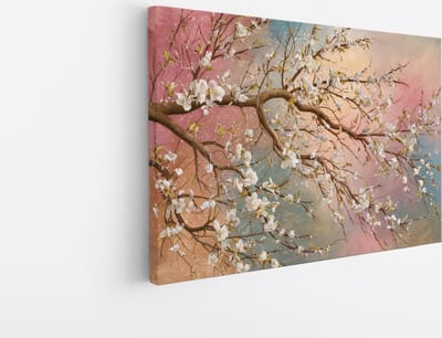 Saammp Canvas Schilderij - Tak met Bloeiende Bloesem - Natuur - Abstract - 45x30 - Foto op canvas - Wanddecoratie - Muurdecoratie Woonkamer - Kantoor Decoratie