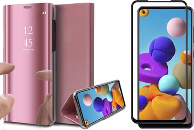 Hoesje geschikt voor Samsung Galaxy A21s - Screen Protector FullGuard - Book Case Spiegel Roségoud & Screenprotector
