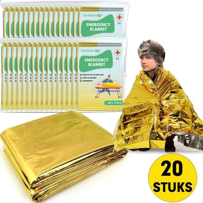 Nooddeken - Set van 20 STUKS - Reddingsdeken - Isolatiedeken - 160 x 210 - PET - Aluminium - Goud / Zilver - EHBO