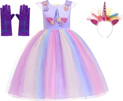 Het Betere Merk Unicorn jurk - Prinsessenjurk meisje - verkleedkleren meisje - maat 134/140 - Eenhoorn - haarband