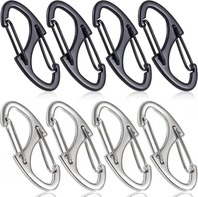 8 Stuks Mini musketonhaak - Dubbele opening karabijnhaak Sleutelhangers - S Karabijn haken - Keychain karabijnsluiting - Veilig ophanghaken - Vervangende karabijnhaken - Voor rugzakken, reizen, kamperen, koffers - Zilver en zwart
