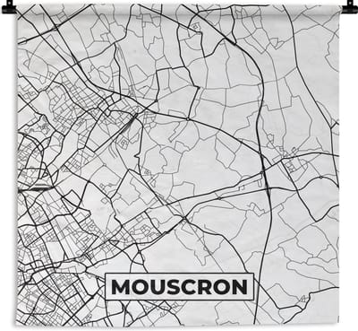 Wandkleed - Wanddoek - Stadskaart – Plattegrond – België – Zwart Wit – Mouscron – Kaart - 180x180 cm - Wandtapijt