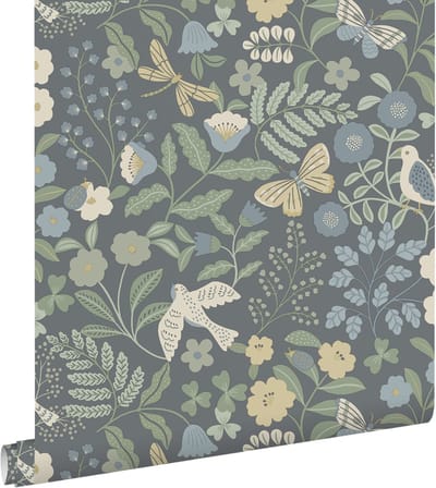 ESTAhome behang bloemen en vogels blauw en groen - 50 x 900 cm - 131464