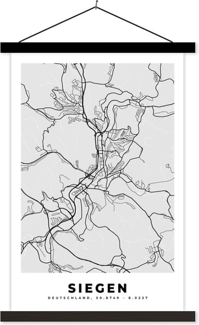 Posterhanger incl. Poster 40x60 cm - Schoolplaat - Duitsland - Plattegrond - Siegen - Kaart - Stadskaart - Textielposter - Zwarte latten - Stadskaart