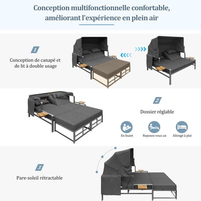 Zonneligstoel 2 Persoons met Ligfunctie en Verstelbare Rugleuning 178 x 130 x 127 cm – Luxe Outdoor Loungeset met Luifel, Kussens en Tafels – Weerbestendig Tuinbed / Loungebank – Donkergrijs – Laura